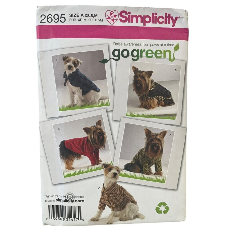 Simplicity Dog‎ Clothes Sewing Pattern XS S M Multi 2695 Uncut Pet Coat Shirt